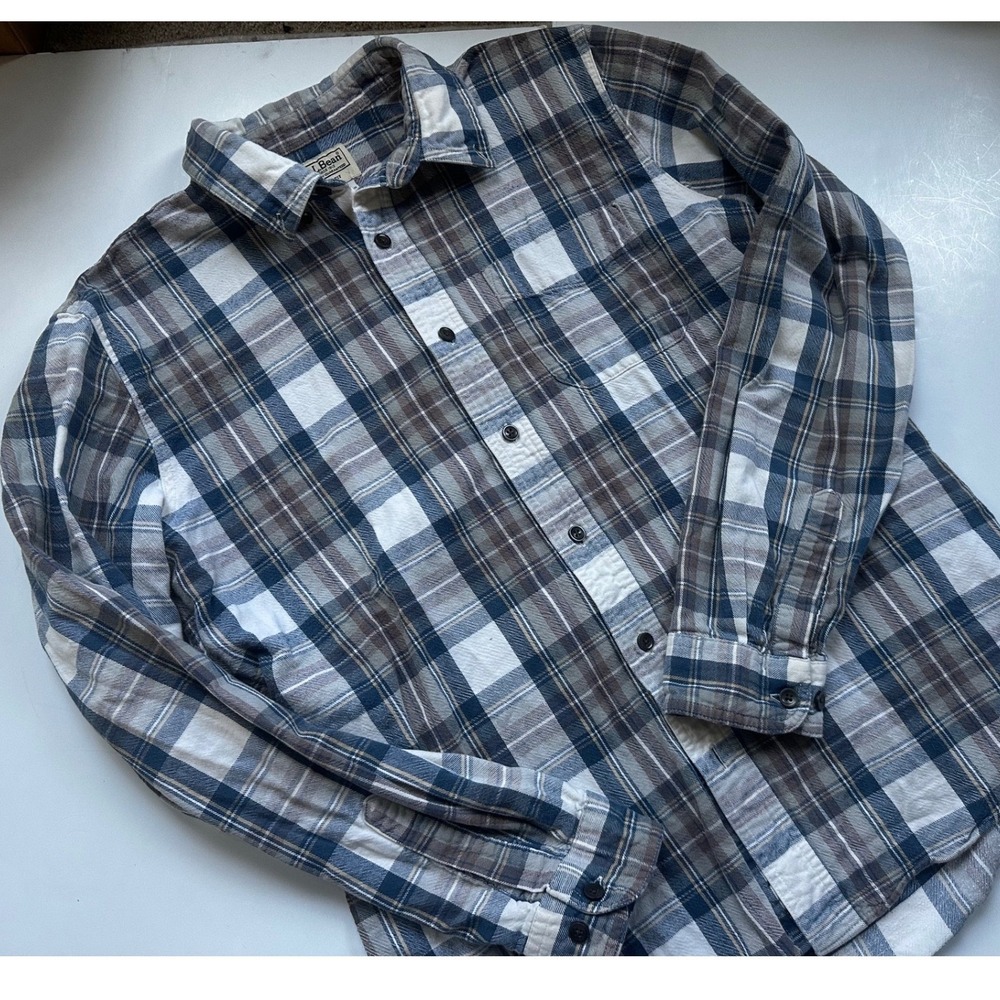 LL Bean Scotch Plaid Flannel Shirt‎ Slim Fit Button Up Shirt Mens L 100 Cotton